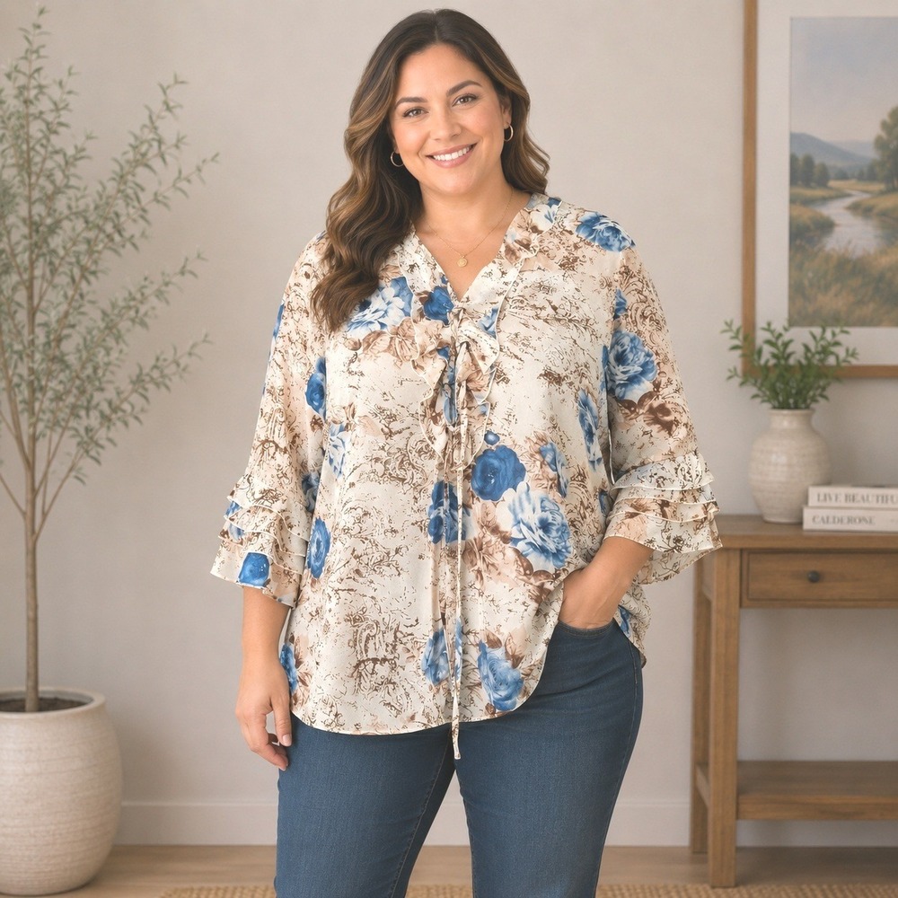 Dress U II Blue Floral Ruffle Blouse Sz 1X Tie Neck Peasant Top Cottagecore Boho